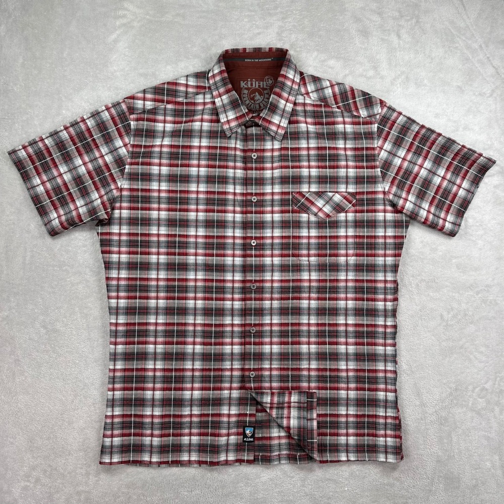 Kuhl Button Down Shirt Mens XL Red Plaid Short Sleeve Stretch Hiking Outdoors
